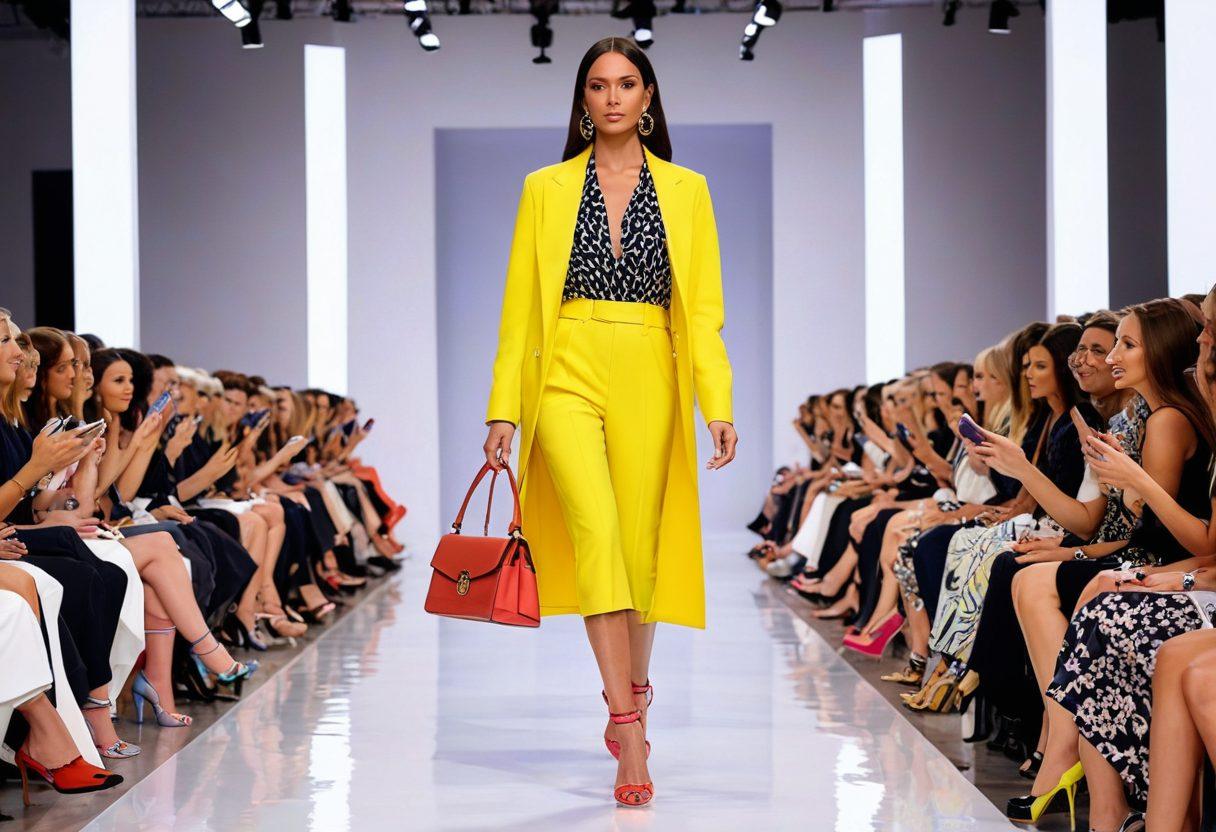 A stylish, confident modern woman in a chic outfit, exuding flirtation and charm, surrounded by a vibrant fashion runway filled with bold colors and trendy accessories. Include stylish handbags, shoes, and alluring fashion elements in the background, reflecting the latest trends for modern women. Capture a playful atmosphere with a hint of glamour. vibrant colors. super-realistic. fashion illustration.