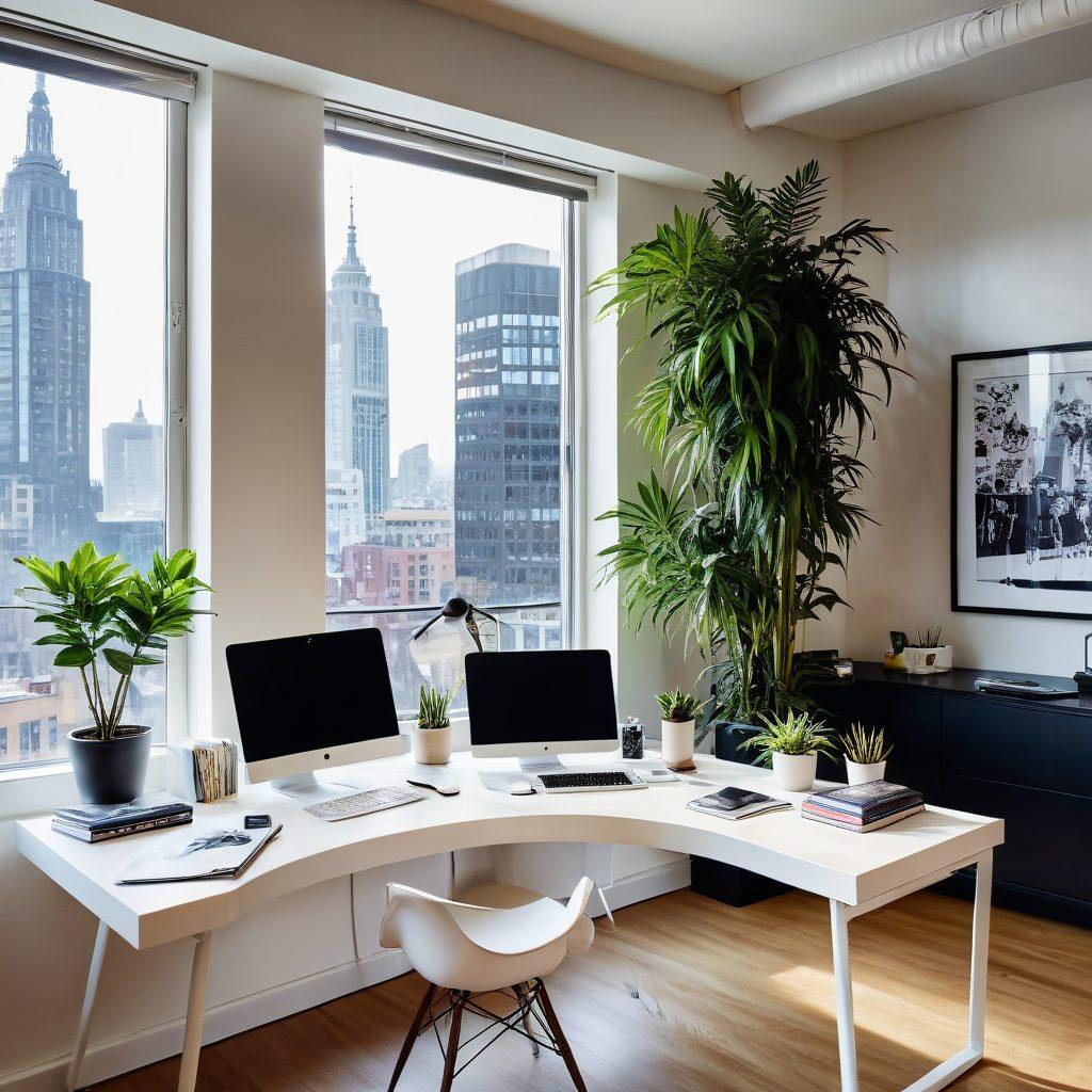 A stylish, modern workspace filled with the latest fashion magazines and design sketches, featuring sleek high-tech gadgets, plants, and vibrant color palettes. Incorporate a large window showing a bustling cityscape in the background for inspiration. Display a trendy outfit on a mannequin, illuminated by natural light. super-realistic. vibrant colors. modern design.